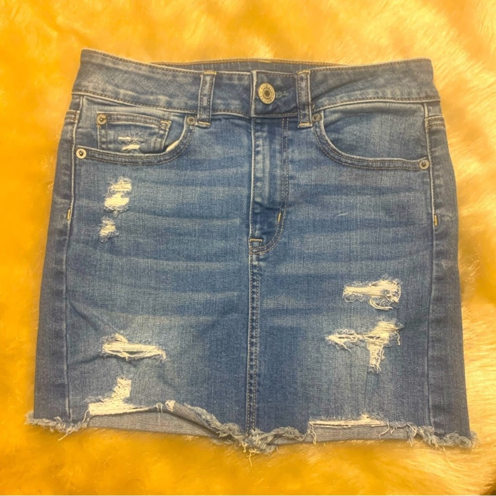 American Eagle Distressed Blue Denim Skirt